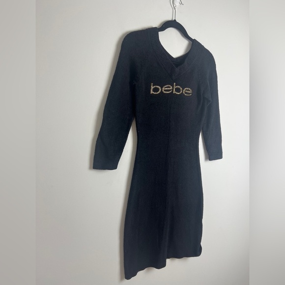 BEBE Y2K Retro Black Gold Rhinestone Spell Out V-Neck 3/4 Sleeve Sweater Dress S - Picture 2 of 9
